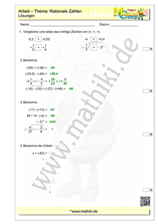 Rationale Zahlen - 1. Klassenarbeit Mathe (Klasse 7/8) - ©2011-2022, www.mathiki.de