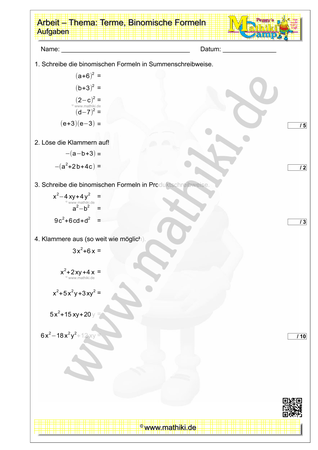 Terme - 3. Klassenarbeit Mathe (Klasse 7/8) - ©2011-2022, www.mathiki.de