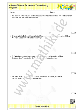 Prozentrechnung - 3. Klassenarbeit (Klasse 7/8) - ©2023, www.mathiki.de