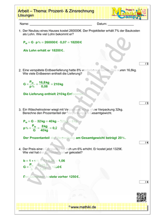 Prozentrechnung - 3. Klassenarbeit (Klasse 7/8) - ©2023, www.mathiki.de