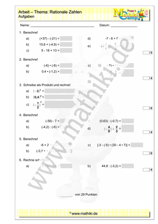Rationale Zahlen - 2. Klassenarbeit (Klasse 7/8) - ©2023, www.mathiki.de