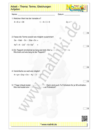 Terme & Gleichungen: Mathearbeit (1) - ©2023, www.mathiki.de