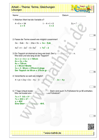 Terme & Gleichungen: Mathearbeit (1) - ©2023, www.mathiki.de