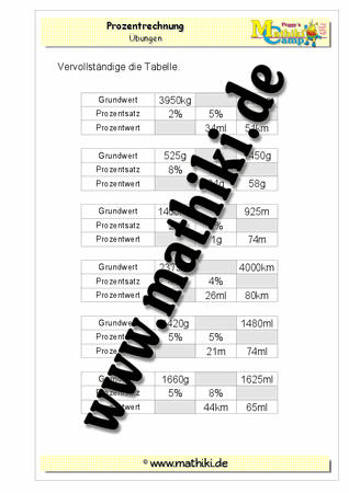 Prozentwerte mit Einheiten in Tabelle vervollständigen - ©2011-2016, www.mathiki.de - Ihre Matheseite im Internet