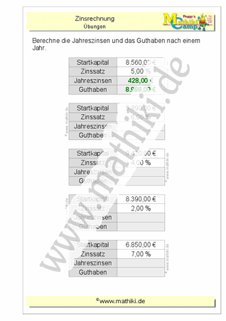 Zinsrechnung: Jahreszinsen - Guthaben (Klasse 7/8) - ©2011-2020, www.mathiki.de