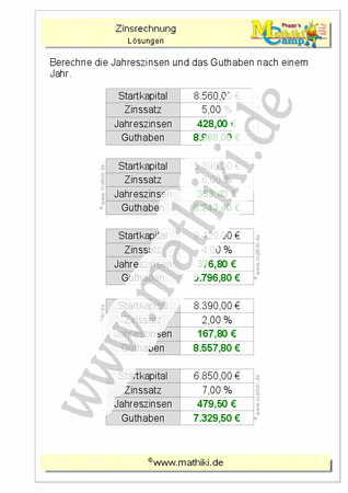 Zinsrechnung: Jahreszinsen - Guthaben (Klasse 7/8) - ©2011-2020, www.mathiki.de