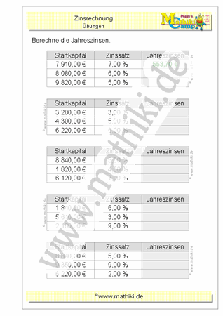 Zinsrechnung: Jahreszinsen (Klasse 7/8) - ©2019, www.mathiki.de