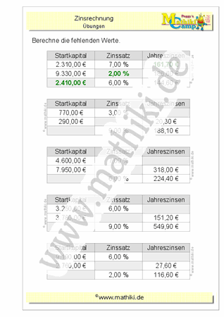 Zinsrechnung gemischt (I) (Klasse 7/8) - ©2011-2019, www.mathiki.de