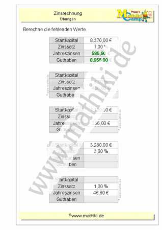 Zinsrechnung gemischt (II) (Klasse 7/8) - ©2011-2020, www.mathiki.de