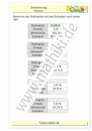 Zinsrechnung: Startkapital - Guthaben (Klasse 7/8) - ©2011-2020, www.mathiki.de