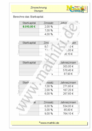 Zinsrechnung: Startkapital (Klasse 7/8) - ©2011-2019, www.mathiki.de