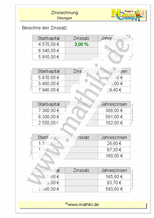 Zinsrechnung: Zinssatz (Klasse 7/8) - ©2011-2019, www.mathiki.de