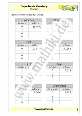 Proportionale Zuordnung (Klasse 7/8) - ©2011-2019, www.mathiki.de