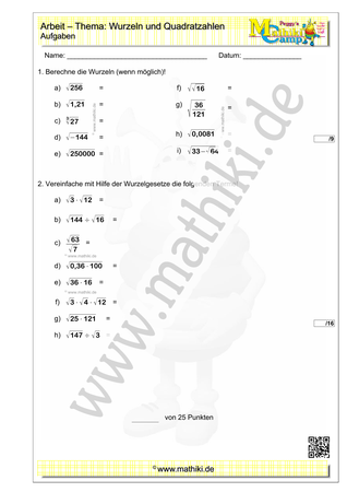 Wurzeln - 1. Klassenarbeit Mathe (Klasse 9/10) - ©2011-2022, www.mathiki.de