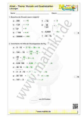 Wurzeln - 1. Klassenarbeit Mathe (Klasse 9/10) - ©2011-2022, www.mathiki.de