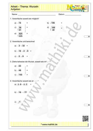 Wurzeln - 2. Klassenarbeit Mathe (Klasse 9/10) - ©2011-2022, www.mathiki.de