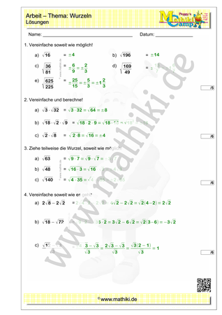 Wurzeln - 2. Klassenarbeit Mathe (Klasse 9/10) - ©2011-2022, www.mathiki.de