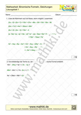 Terme & Gleichungen: Mathearbeit (1) (Klasse 9/10) - ©2024, www.mathiki.de