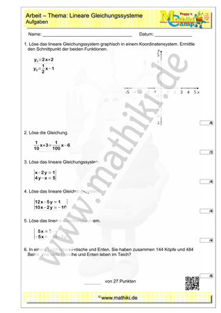 Gleichungssysteme - 1. Klassenarbeit (Klasse 9/10) - ©2023, www.mathiki.de