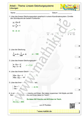Gleichungssysteme - 1. Klassenarbeit (Klasse 9/10) - ©2023, www.mathiki.de
