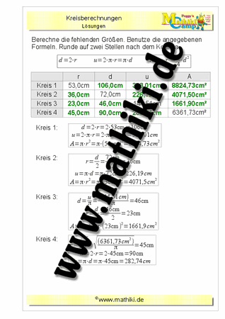 Kreisberechnung Aufgaben als Tabelle - ©2011-2018, www.mathiki.de