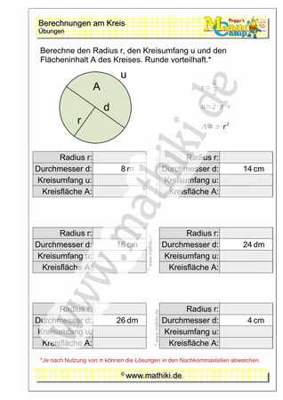 Berechnungen am Kreis (II) (Klasse 9/10) - ©2021, www.mathiki.de