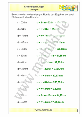 Kreisumfang berechnen (Klasse 9/10) - ©2011-2019, www.mathiki.de