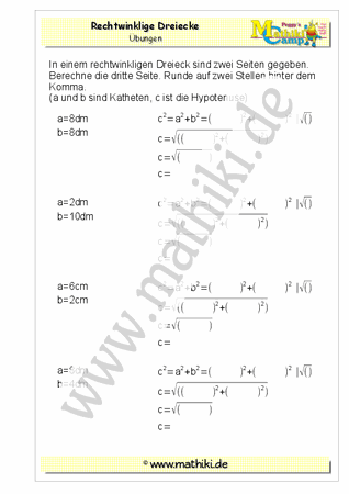 Pythagoras rechtwinkliges Dreieck (I) (Klasse 9/10) - ©2011-2019, www.mathiki.de