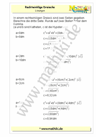 Pythagoras rechtwinkliges Dreieck (I) (Klasse 9/10) - ©2011-2019, www.mathiki.de