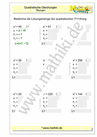 Quadratische Gleichungen (I) (Klasse 9/10) - ©2021, www.mathiki.de