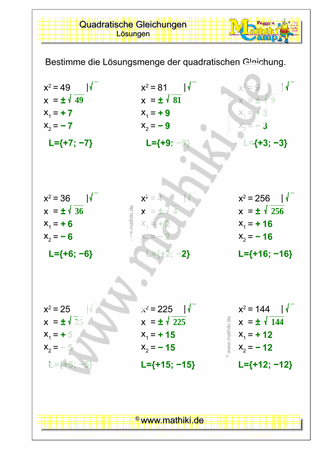 Quadratische Gleichungen (I) (Klasse 9/10) - ©2021, www.mathiki.de