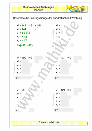 Quadratische Gleichungen (II) (Klasse 9/10) - ©2021, www.mathiki.de