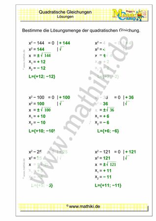 Quadratische Gleichungen (II) (Klasse 9/10) - ©2021, www.mathiki.de