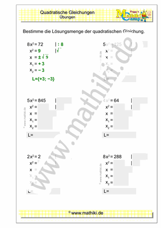 Quadratische Gleichungen (III) (Klasse 9/10) - ©2021, www.mathiki.de