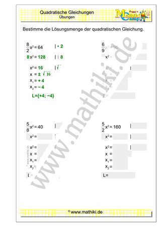Quadratische Gleichungen (IV) (Klasse 9/10) - ©2021, www.mathiki.de