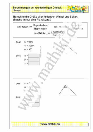 Berechnungen am rechtwinkligen Dreieck I (Klasse 9/10) - ©2021, www.mathiki.de
