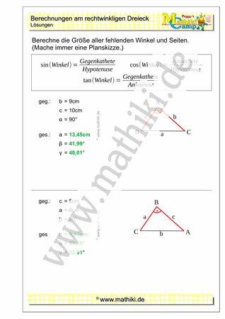 Berechnungen am rechtwinkligen Dreieck I (Klasse 9/10) - ©2021, www.mathiki.de