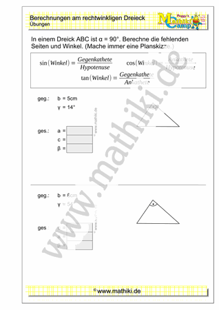 Berechnungen am rechtwinkligen Dreieck III (Klasse 9/10) - ©2021, www.mathiki.de