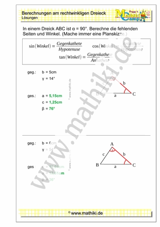 Berechnungen am rechtwinkligen Dreieck III (Klasse 9/10) - ©2021, www.mathiki.de