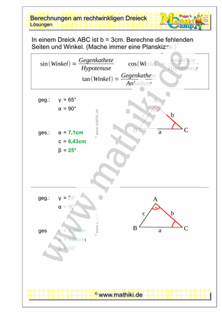 Berechnungen am rechtwinkligen Dreieck IV (Klasse 9/10) - ©2021, www.mathiki.de
