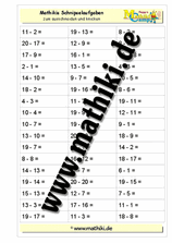Subtraktion bis 20 Schnipsel - ©2011-2019, www.mathiki.de