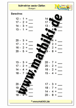 Subtraktion bis 20 ohne Übergang - ©2011-2019, www.mathiki.de