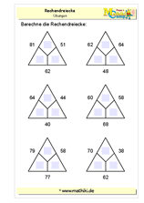 Rechendreiecke Addition bis 100 (Klasse 2) - ©2011-2019, www.mathiki.de