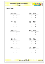 Halbschriftliche Subtraktion bis 100 (Klasse 2) - ©2015, www.mathiki.de