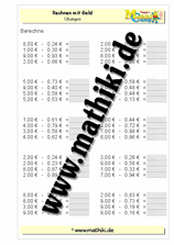Rechnen mit Geld Subtraktion bis 20€ (II) - ©2011-2019, www.mathiki.de