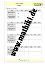 Runden auf Zehner, Hunderter bis 1000 (III) - ©2011-2019, www.mathiki.de