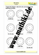 Zeiger einzeichnen / Uhrzeit berechnen - ©2011-2016, www.mathiki.de - Ihre Matheseite im Internet