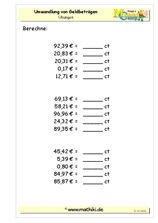 Geldbeträge umwandeln (I) (Klasse 5/6) - ©2011-2019, www.mathiki.de
