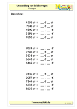 Geldbeträge umwandeln (I) (Klasse 5/6) - ©2011-2019, www.mathiki.de