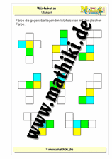 Würfelflächen in Würfelnetzen färben (Klasse 4) - ©2011-2018, www.mathiki.de